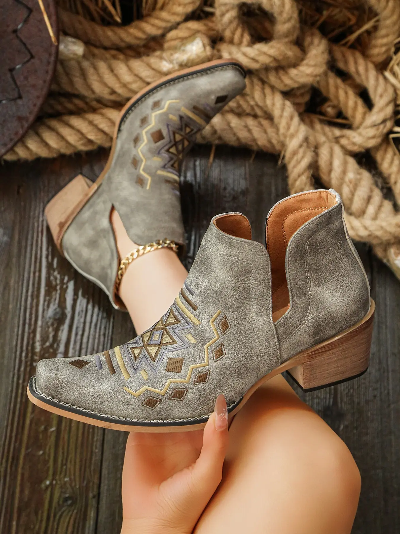 American Country Style Square Toe Ankle Boots, PU Leather, Rubber Sole, Casual Fall & Winter Footwear, Women's Western Boots