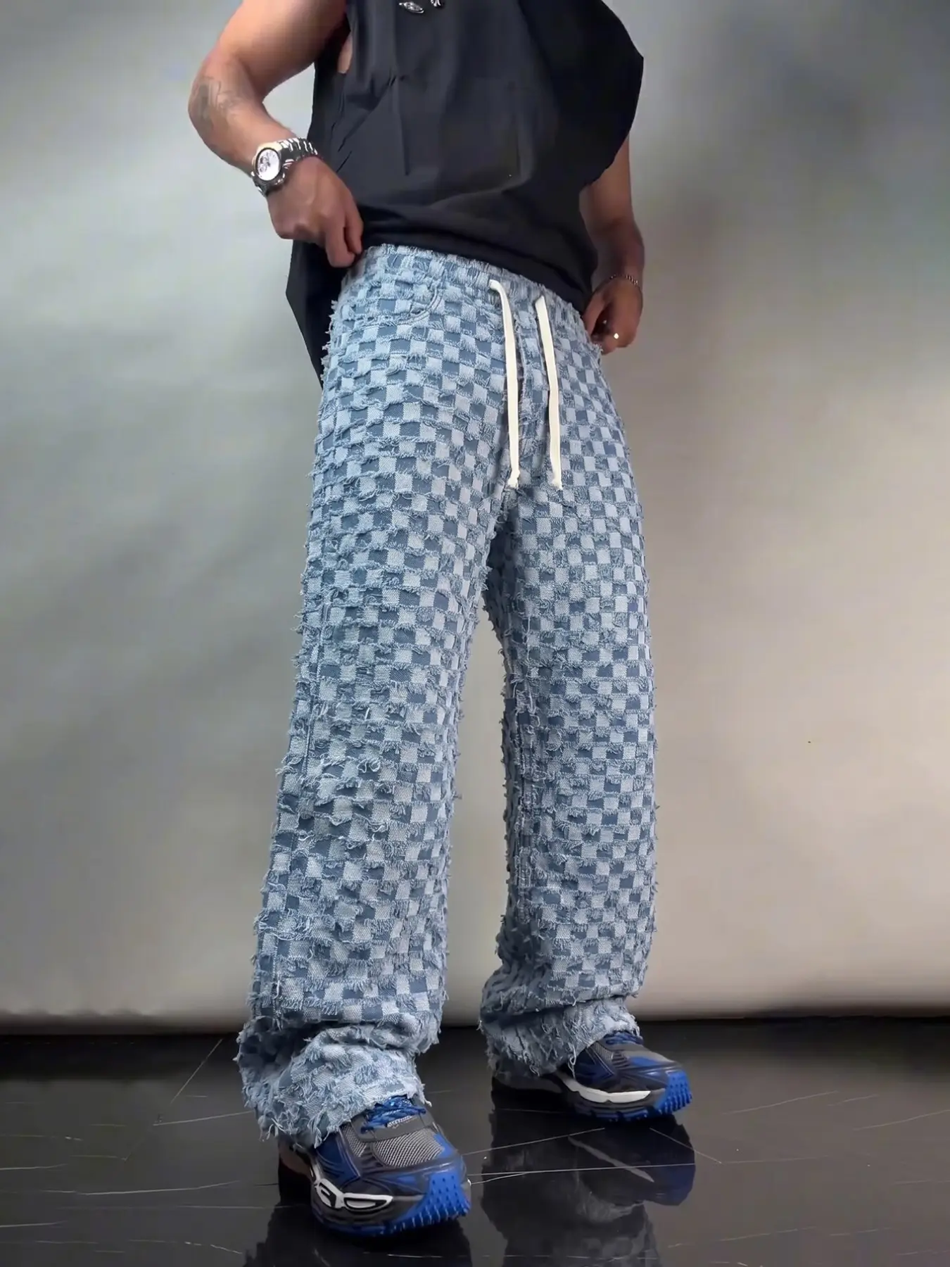 Trendy Plaid Frayed Patchwork Straight Leg Slouchy Jeans, Elastic Waist Drawstring, Street Fashion, All-Season Long Pants