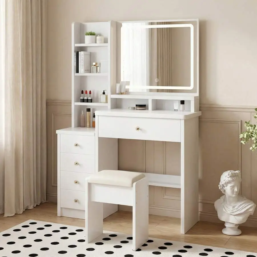 Dressing Table Vanity Desk With Mirror And Lights, 3 Color Lighting Modes With Adjustable Brightness, Makeup Vanity Set With Drawers, Stool And Open Shelves Bedroom