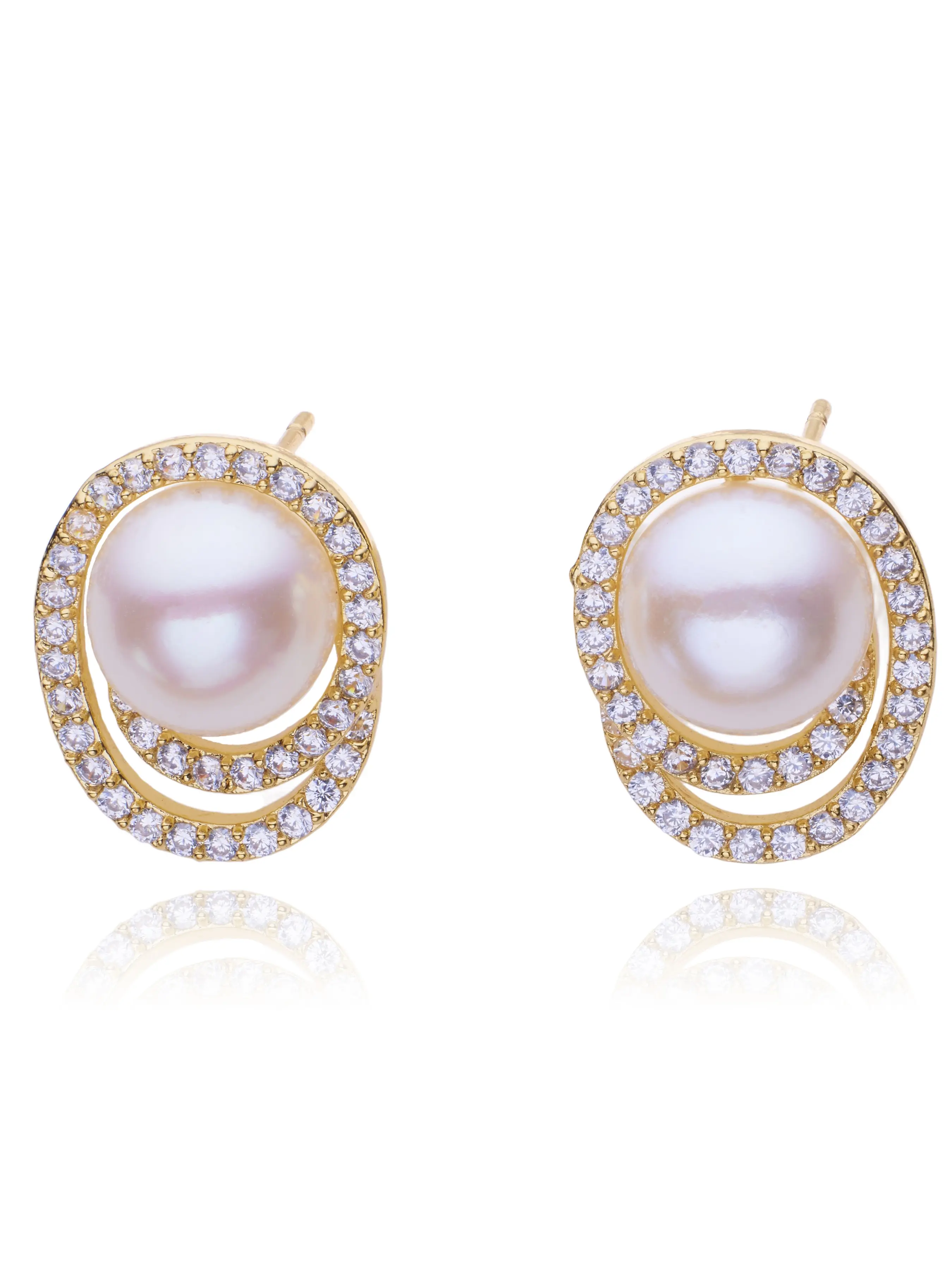 Double ring Freshwater Cultured Pearl Stud Earrings for Women, Approx. 8–9mm Bread-Shaped Pearl, Oval Double Halo Design, Lightweight Alloy Earrings with Sparkling Stone Accents, Fashion Jewelry for Everyday Wear, Party, Wedding, Anniversary, Holiday