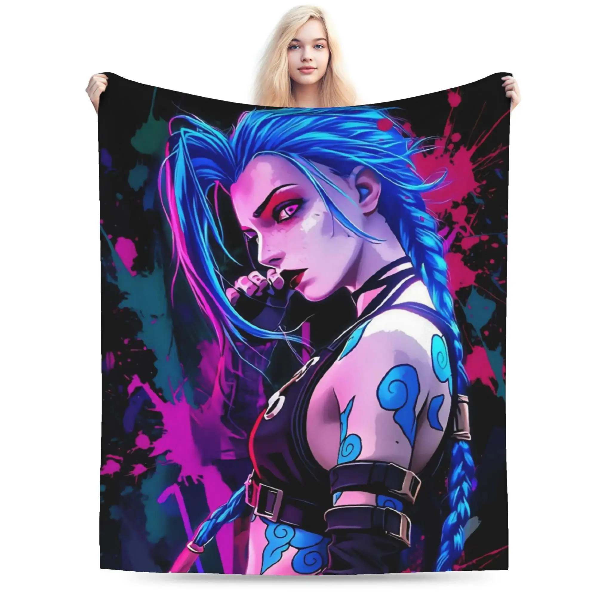 Arcane Vi Jinx Anime Art Plush Flannel Throw Blanket, Polyester, Unisex, All Season, Multi-Size, Cozy Soft for Sofa, Fan Gift