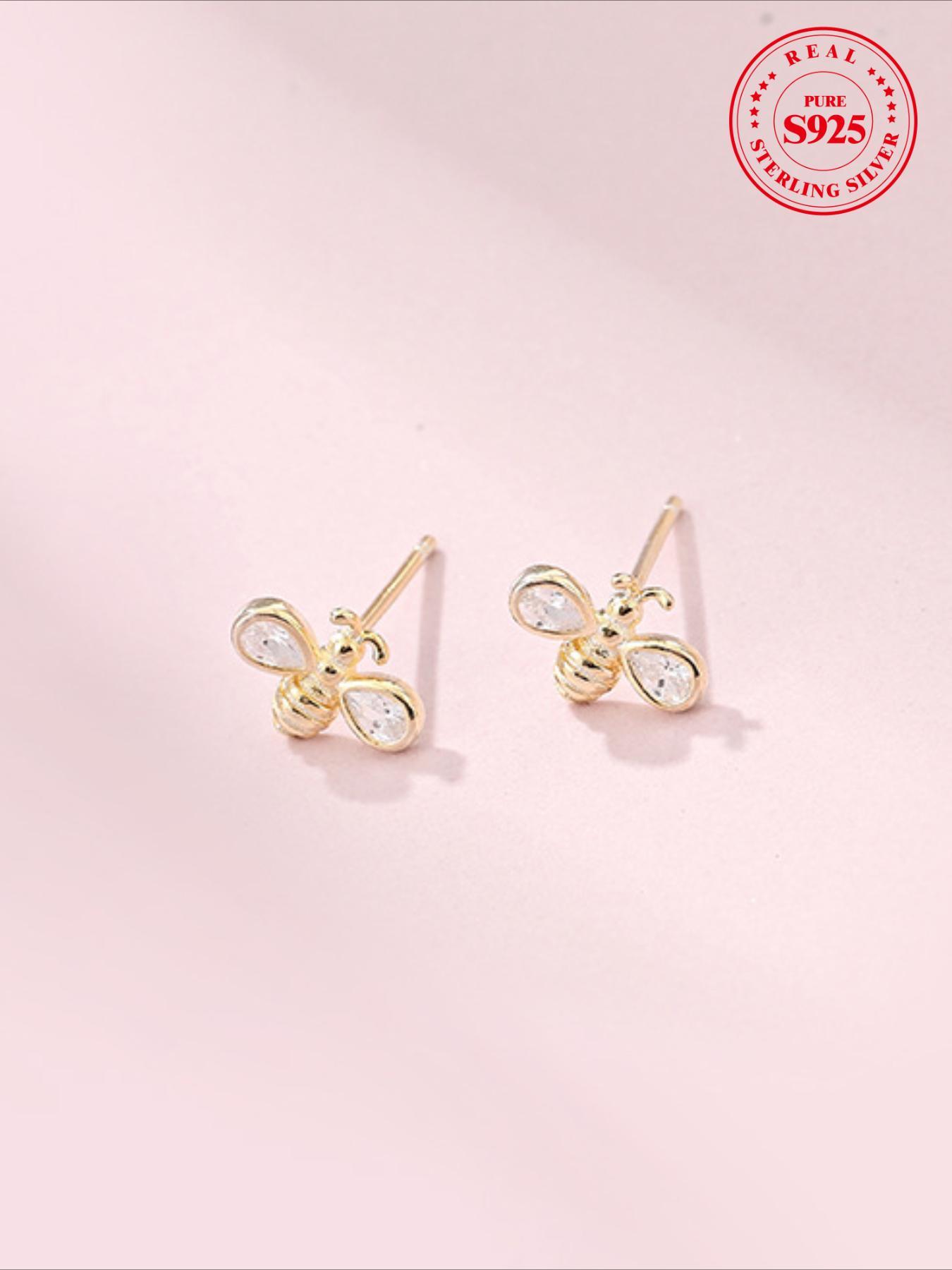 S925 Sterling Silver Cute Bee Design Stud Earrings, Fashionable Rhinestone Decor Earrings for Women & Girls, Trendy All-match & Exquisite Jewelry for Birthday Gift