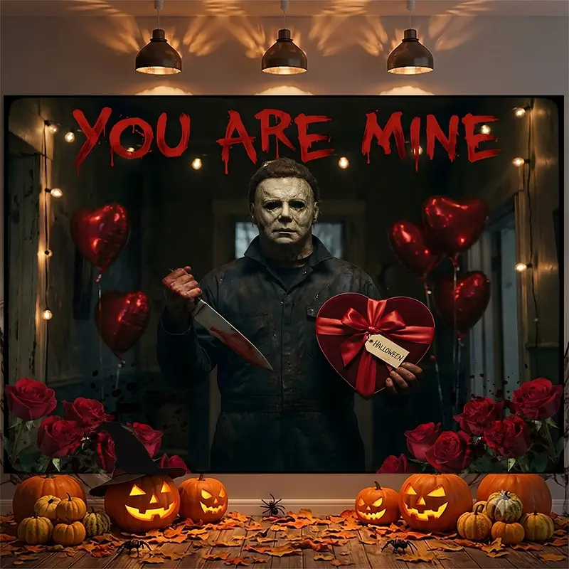 Michael Myers With Bloody Knife And Heart Gift Box Halloween Backdrop, Perfect As Photography Background, Photo Booth Background, Party Backdrop, Studio Backdrop, Video Background, Live Stream Background, Haunted House Backdrop, Window Display Decor, Even