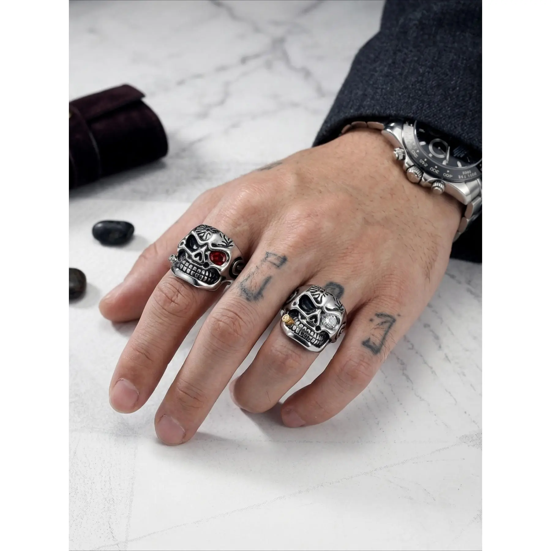 2-Piece Punk Skull Ring Holder Set, Stainless Steel Cigarette Holder Jewelry for Men, Casual Wear Gift, Ring Holder Jewelry Sets