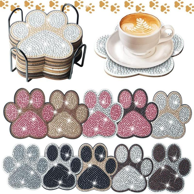 10 Irregular Dog Claw Patterned Artificial Diamond Painting Coasters With Stand, Diy Crystal Diamond Art Wooden Coasters For Adults, Decorative Table Mats For Office Home Coffee Table, Handmade Crafts And Practical Daily Supplies Gift