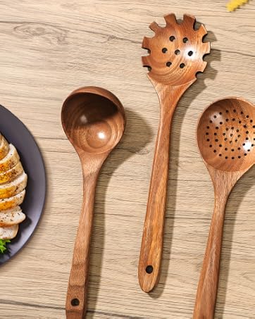 7 PCS Wooden Spoons for Cooking Natural Teak Kitchen Utensils Smooth Non-Stick Surface Cooking Utensils Set Soft Comfort-Grip Wooden Utensils for Cooking