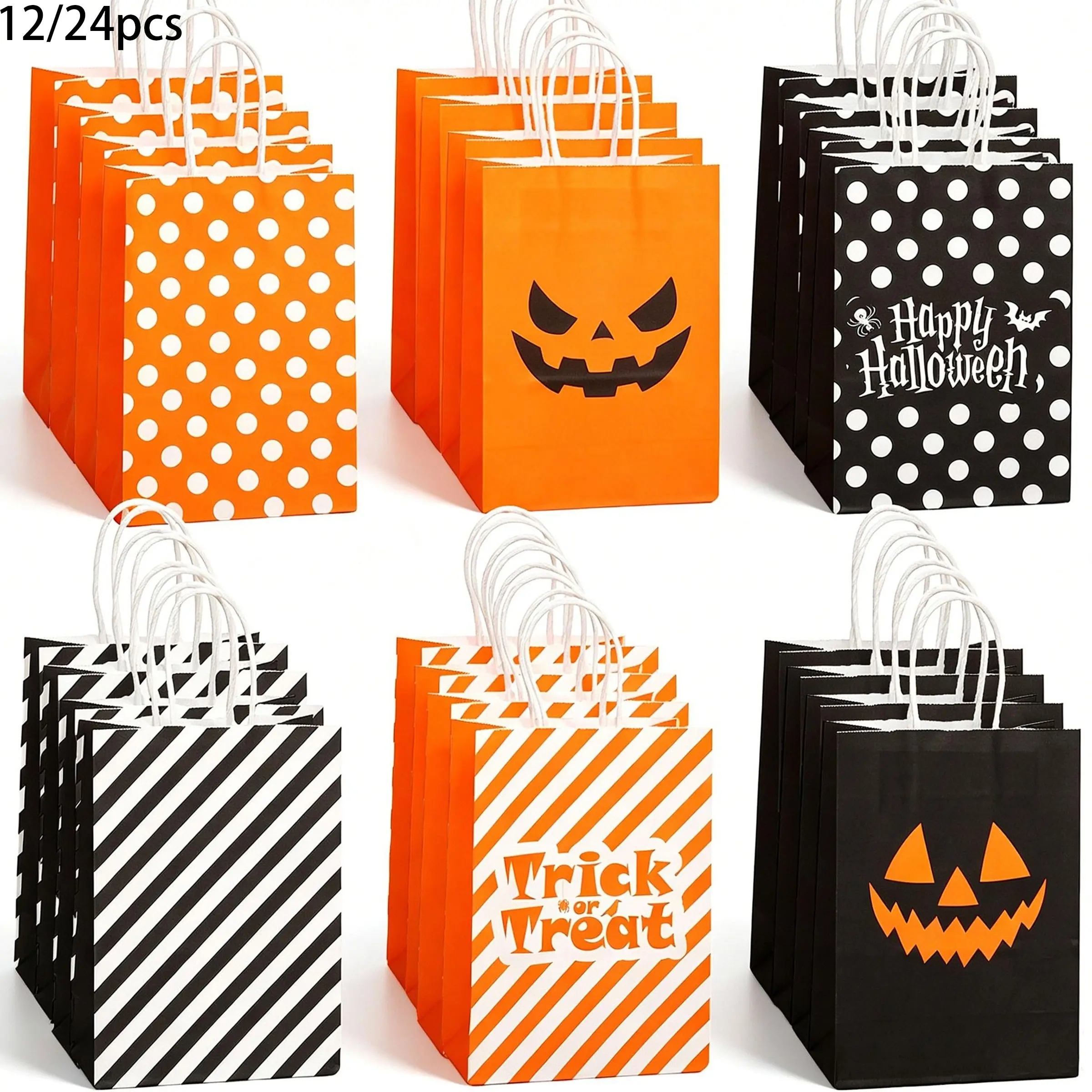 12/24 PCS Halloween Bags with Handles, 6 Styles Halloween Paper Bags for Gift Candy Goodie Snacks Treat Cookie Wrap Party Favors Supplies Decorations Trick or Treat Horror theme Birthday Baggies Pouch Gift Wrapping Supplies