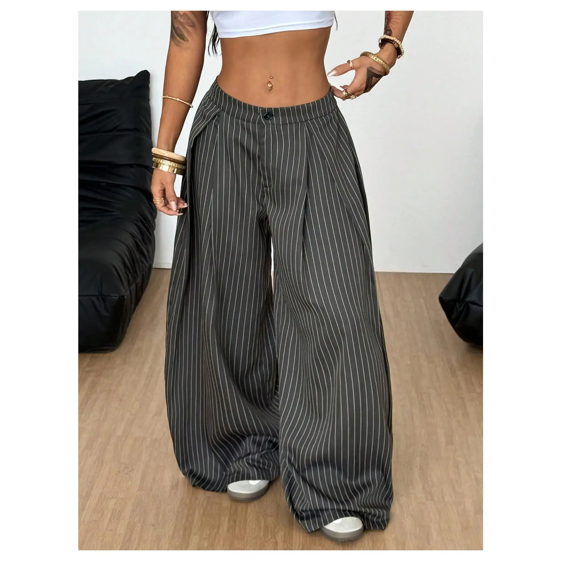 Striped Barrel Pleated Oversized Wide Leg Cargo Pants, Streetwear Fall Clothes