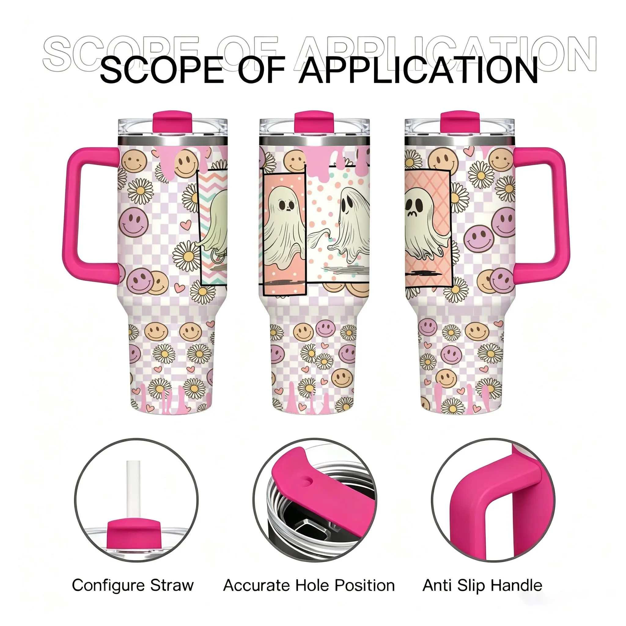 40oz Pastel Checkered Stainless Steel Insulated Tumbler with Handle & Leakproof Lid, Vacuum Hot-Cold Retention Travel Mug, Cute Ghost-Smiley-Daisy Design, Gift for Women, Ideal for Office, Road Trip Use flask