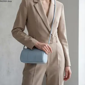 Cylindrical Crossbody Bag for Women - Trendy Light Blue Barrel Shoulder Purse with Adjustable Strap & Zipper Closure, Soft Lightweight Elegant Design Perfect for Daily Commute Office & Casual Summer Outings