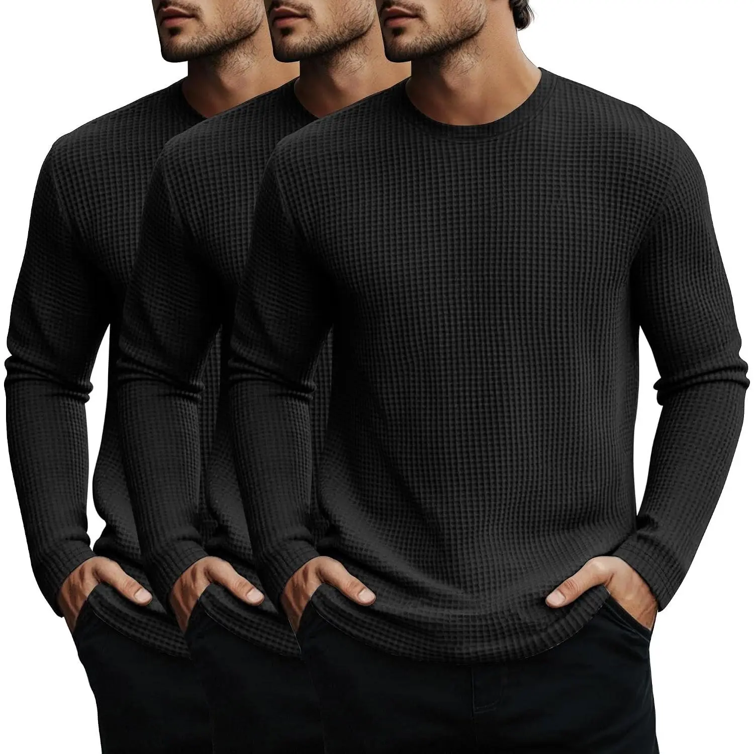 Menswear 3-Pack Big and Tall Men's Spandex Stretch Long-Sleeve Waffle Crew Neck Thermal Underwear Tops - Lightweight Casual Office Undershirts