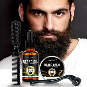 Men's Beard Care Kit, 4-Piece Set with Essential Oil, Beard Balm, Daily Root Maintenance, Moisturizing, Softening, Glossy, Dual-Head Brush, Beard Grooming Kit