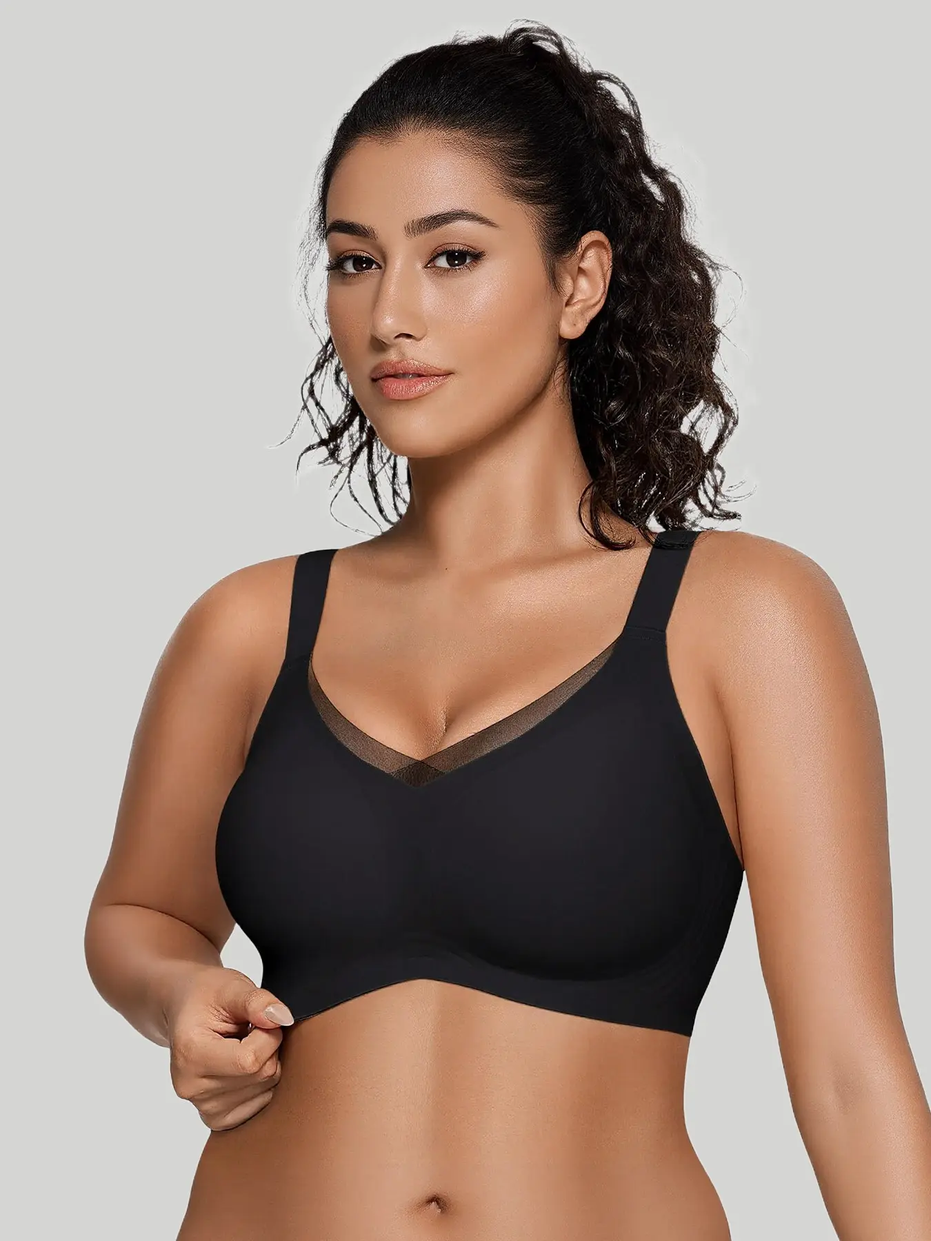 Women Full Figure Wireless Push Up Bra, Mesh V Neck Seamless Smooth Support Bra, Wide Adjustable Strap No Wire Comfort Daily Wear Lingerie, Non Wired Bra