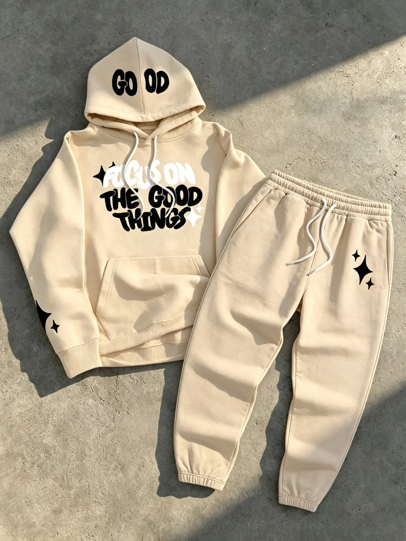 Men's Fashion Y2K Set, Letter Star Print Hoodie + Drawstring Fleece Sports Pants, Trendy Versatile, Casual Wear