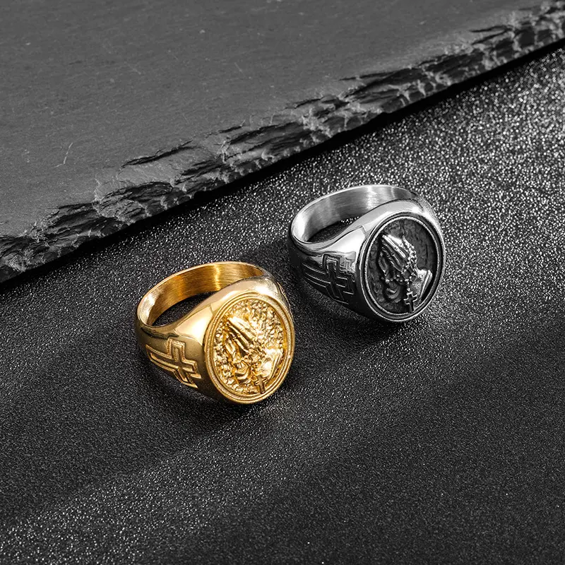 Praying Hands Rosary Cross Signet Ring, 2 Tone Stainless Steel Band for Men | A Perfect Gift Choice | Waterproof & Corrosion-Resistant Material