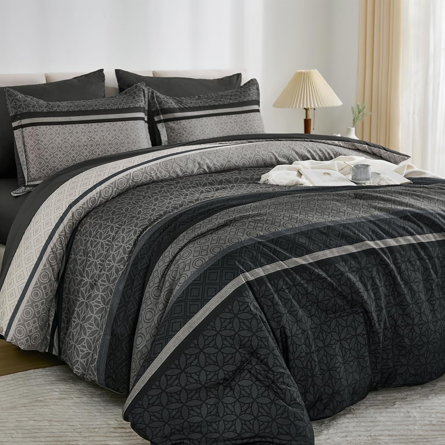 7 count Comforter Set  Size, Dark Grey Black Striped Bed in a Bag Comforter and Sheet Set, Bohemian Soft Lightweight Micorfiber  Set for  Season (90"90")