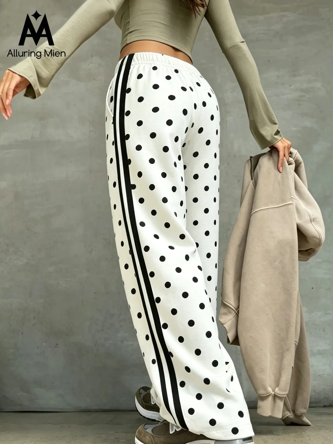 Women's Sporty Long Pants, Loose Fashionable Boho Casual Straight Leg, Elastic Waist, Dual Side Pockets, Simple Stylish Polka Dot Design, Bottoms