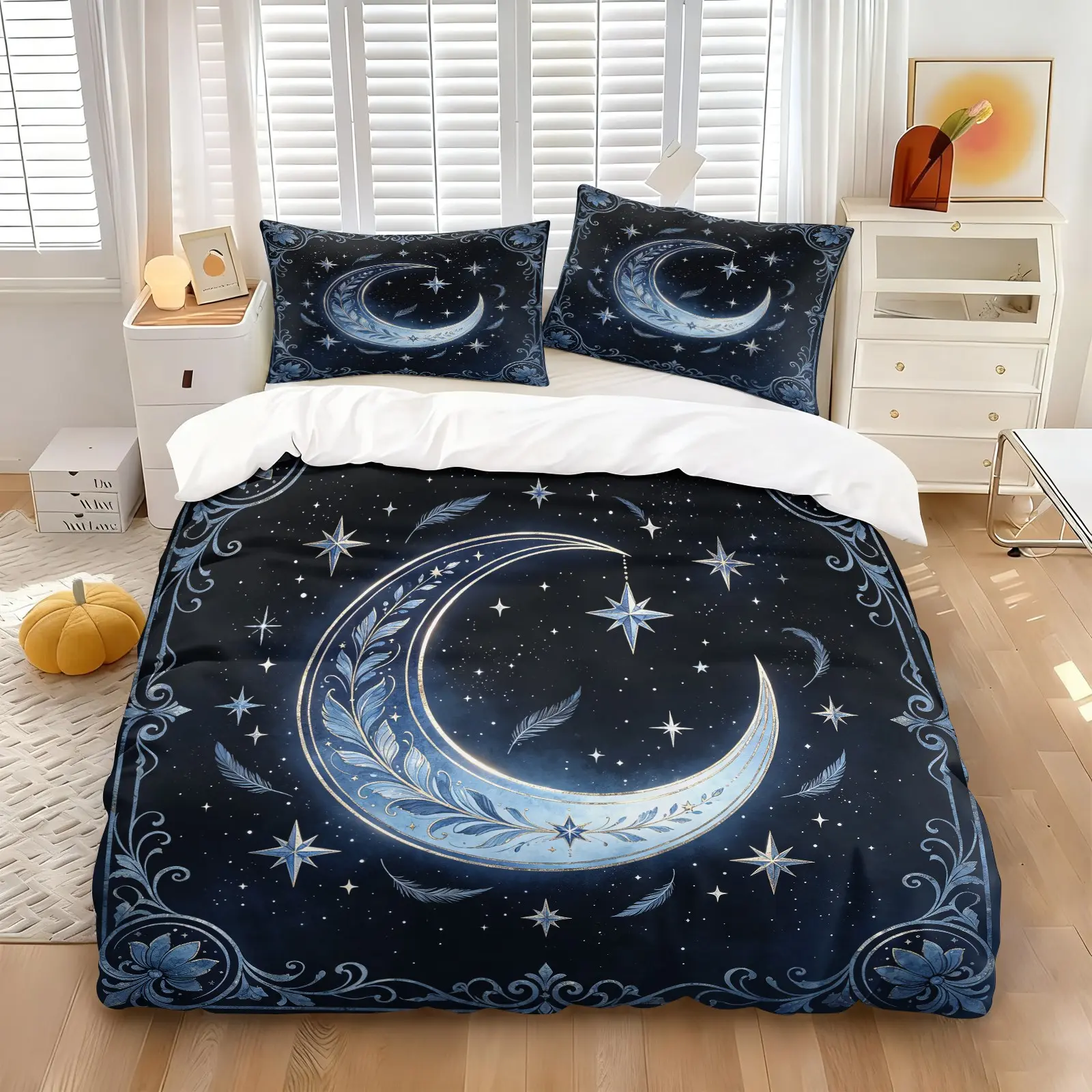 3PCS Dark Black Blue Snowflake Moon Star Duvet Cover Set (1 Duvet Cover + 1-2 Coreless Pillowcases), Ornate Scroll Border Starry Sky Pattern, Soft Comfy All Seasons Bedding Set, Ideal for Dark Mystical Witch Bedroom Decor