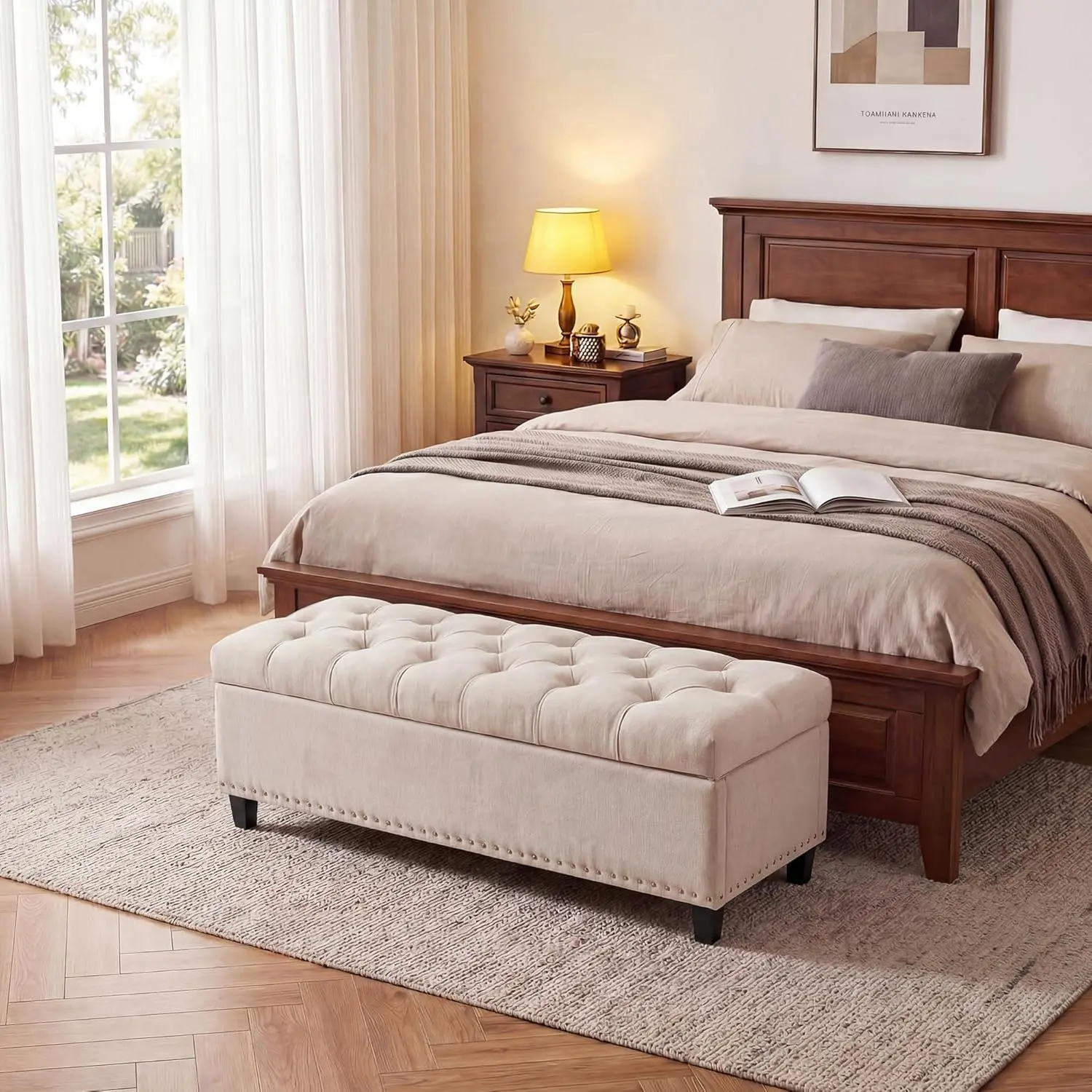 51" Storage Ottoman Bench, End of Bed Storage Bench with 30-Gallon Hidden Storage, Button-Tufted Upholstery, Safety Hinges, Wood Legs, End of Bed Storage Bench for Living Room & Entryway ﻿