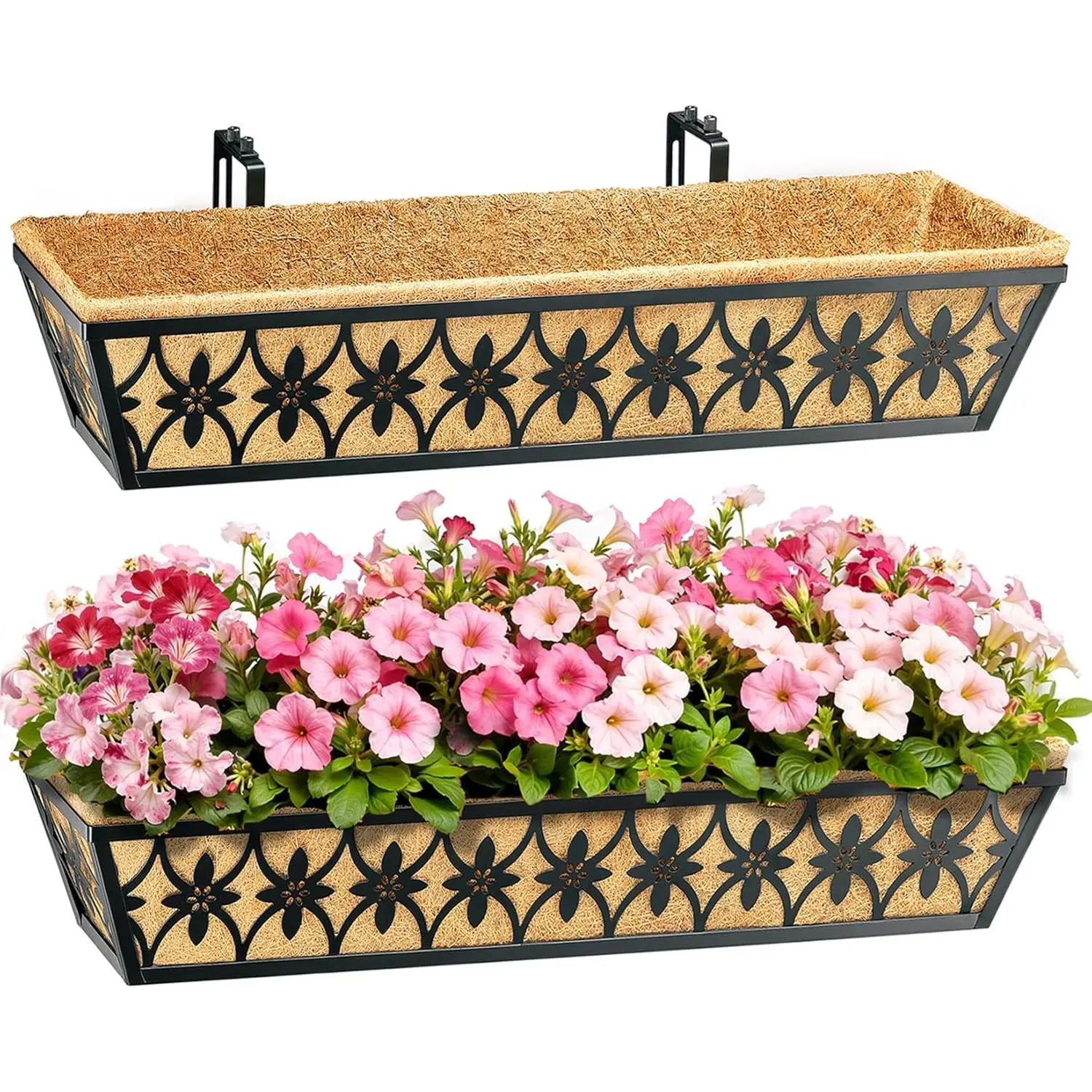 30 Inch Window Boxes Planters Railing Planter Box - 2 Pack Deck Railing Planter Boxes with Adjustable Brackets Coco Liners Balcony Planters Railing Hanging for Window Flower Boxes Outdoor Garden Decor