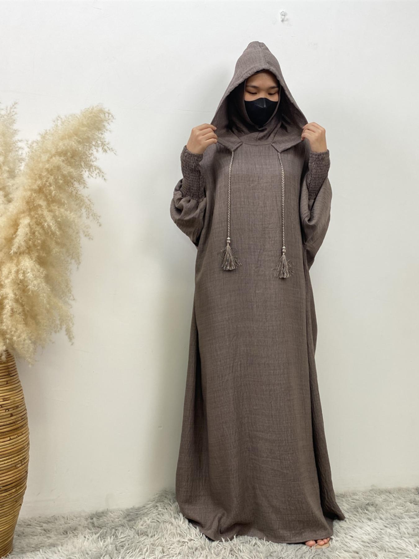 Women's Solid Color Batwing Sleeve Drawstring Hooded Dress, Casual Long Sleeve Shirred Cuff Long Dress for Spring & Fall, Women's Islamic Clothing for Daily Wear, Hooded Arabian Dress