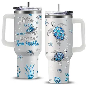 Sea Turtle Tumbler Gift for Women and Men - 40oz Tumbler with Straw & Handle, Stainless Steel Insulated Vacuum, Water Bottle with Turtle & Marine Life Design, Best Gift for Birthday and Christmas