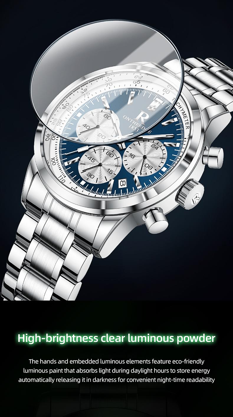 Men's Luxury Blue Dial Chronograph Quartz Watch - Stainless Steel Wristwatch with Tachymeter, Date Display, Multi-Function Subdials, Elegant Business Sport Dress Watch, Perfect Gift for Husband Dad Boyfriend