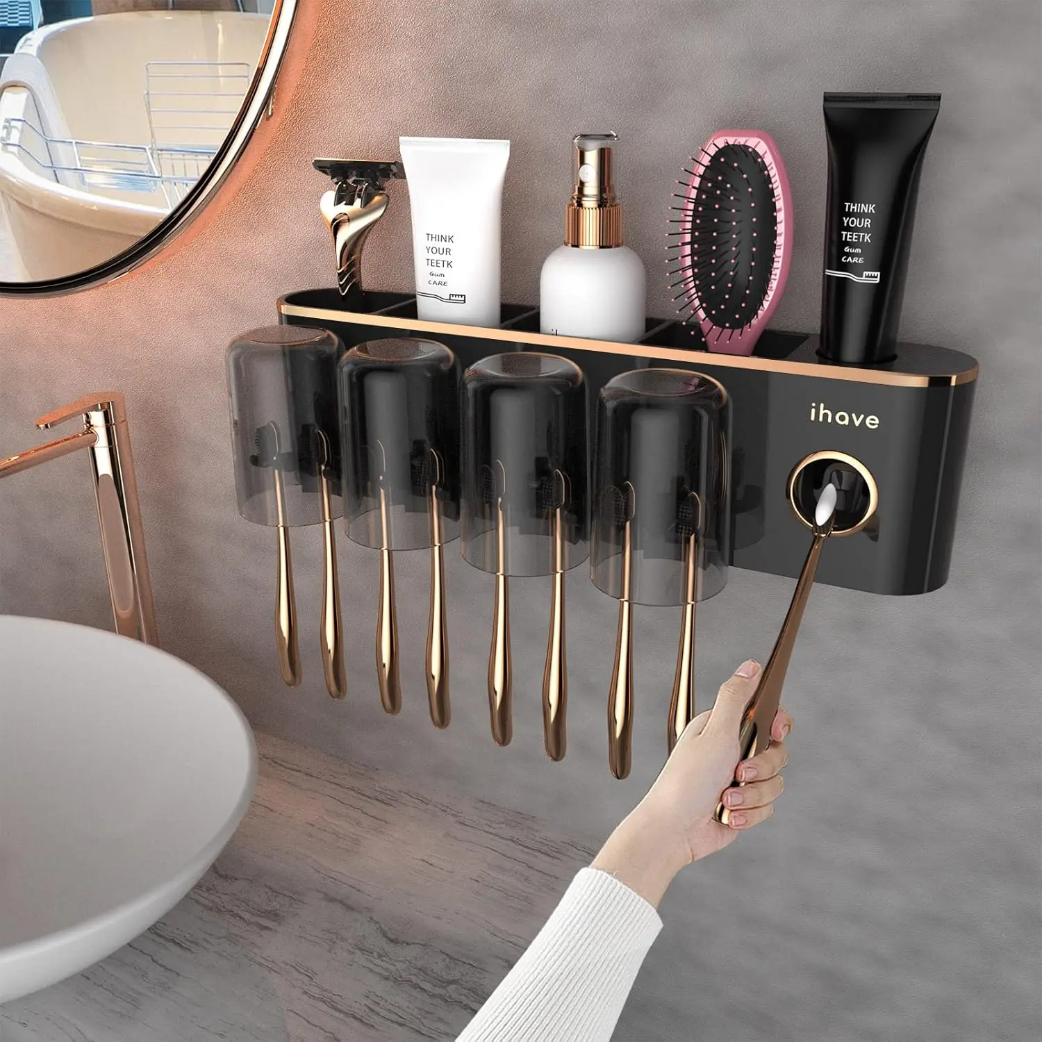 Wall-Mounted Toothbrush Organiser Set with Automatic Toothpaste Dispenser and 4 Cups, Bathroom Home Organising Supplies
