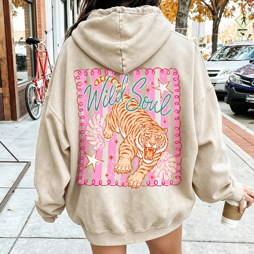 Vintage-Style Distressed Oversized Hoodie, Unisex, Y2K, Wild Spirit, Tiger Print, Back Print, Pullover Hoodie
