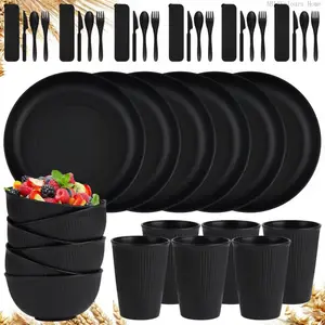 42-Piece Wheat Straw Dinnerware Sets,Unbreakable Plates and Bowls Set,Dinner Plate/Dessert Plate/Cereal Bowl/Cup for Kitchen,Apartment Essentials, Outdoor Camping,BlackAB14Veloura Home
