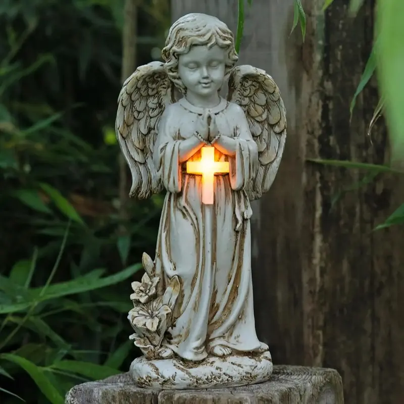 Solar Winged Religious Light Sculpture - 12.12in Memorial Ornaments, Home Decor Figurine for Cemetery, Patio