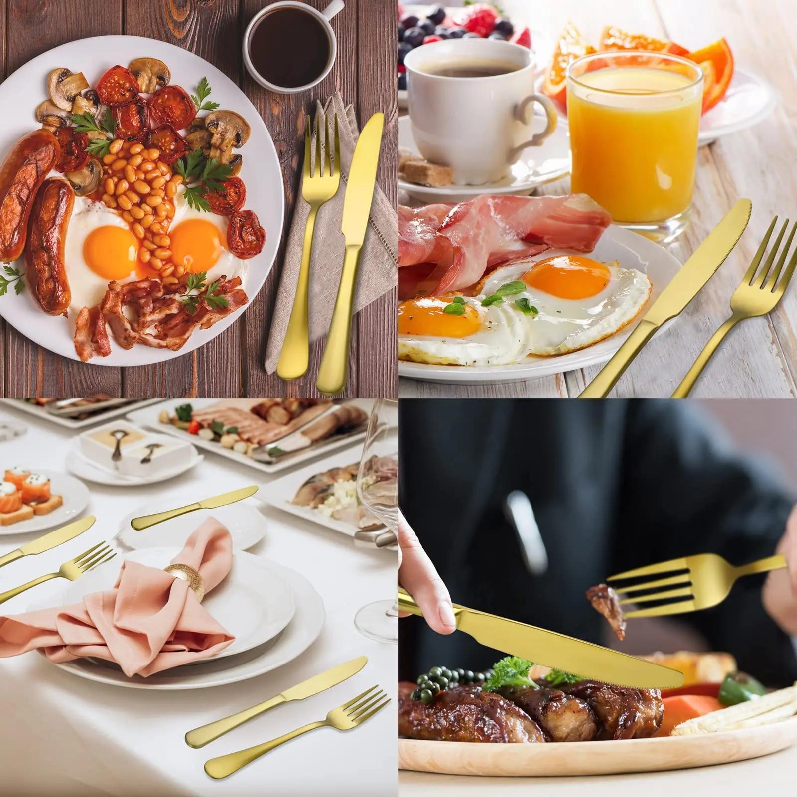 Cutlery Set, 24pcs Stainless Steel Flatware Set with Stand, Including Knife, Fork, Spoon, Hanging Stainless Steel Utensils Set, Gold Cutlery Set