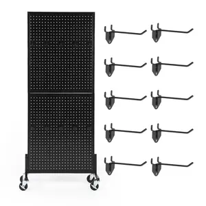 2x5 ft Metal Pegboard Display Stand with Wheels, Adjustable Height Floor Standing Pegboard Display Rack with t-Base & 10 Hooks for Craft Fair, Art Show, Retail Store, Shop, Market, Home & Garage