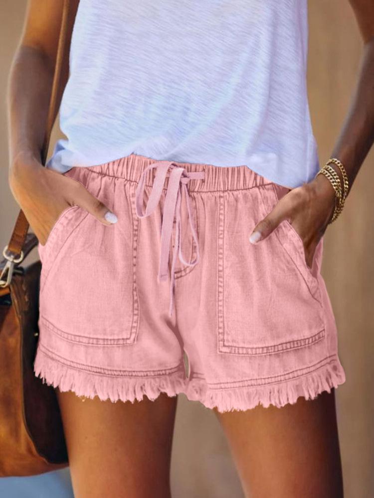 Elastic Waist Drawstring Denim Shorts for Women Summer Casual Loose Frayed Hem Jean Shorts with Pockets