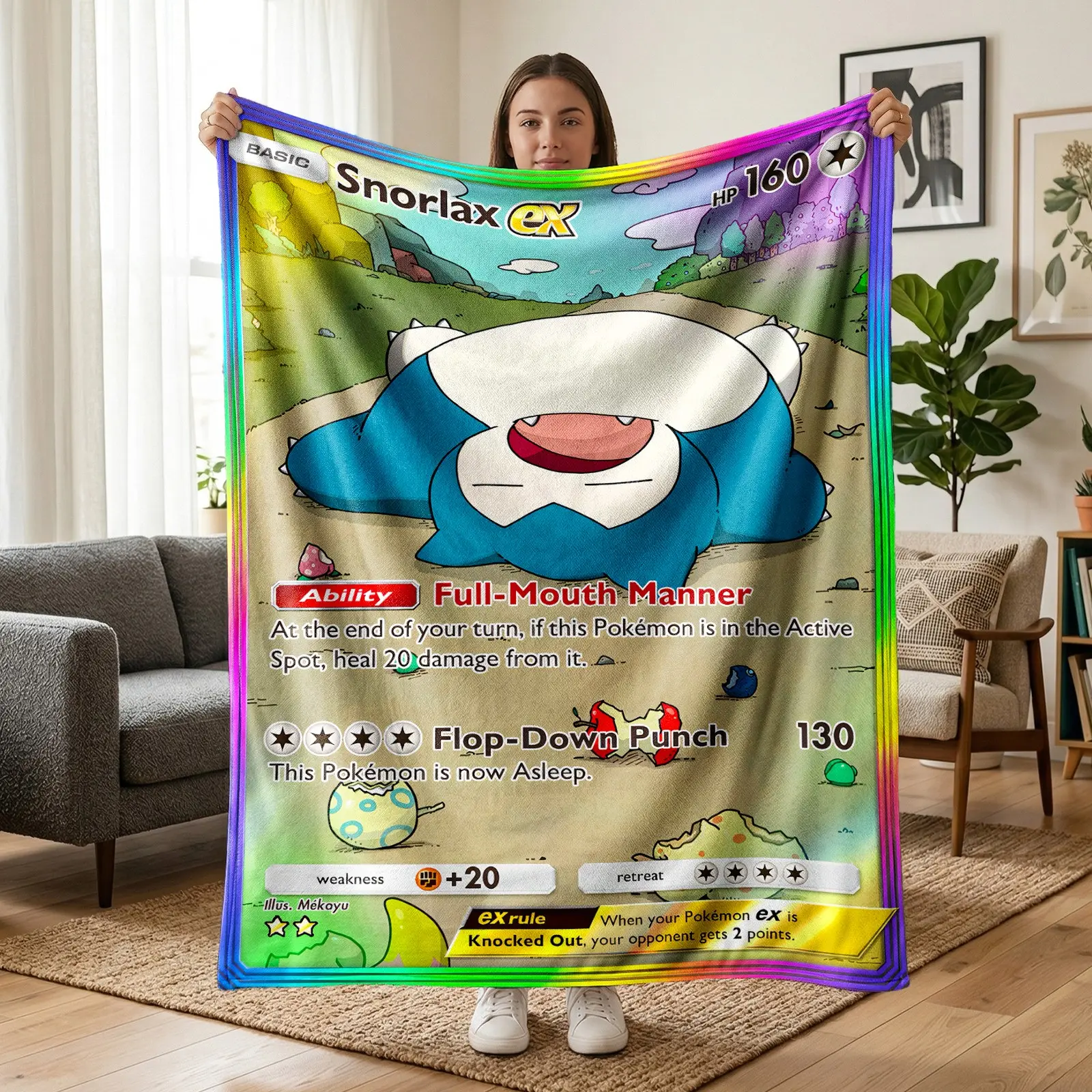 1PC Pokemon Snorlax EX Card Flannel Fleece Throw Blanket, Snorlax Lying Pose, Rainbow Card Border, Grassland Scene, Soft Warm Blanket for Sofa Bed Office Camping, Birthday Christmas Gift for Pokemon Fans