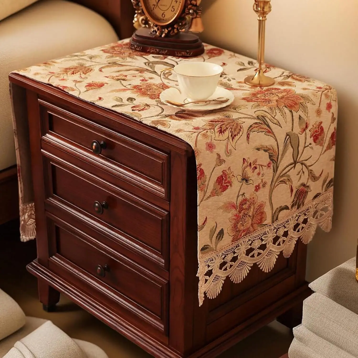 Nightstand Cover Lace Beige, Jacquard Topper, 15.7x43.3 Inch | Lace Nightstand Cover Cloth, Jacquard Floral Protector, Non-Slip  , Machine Washable, Fits Standard Table