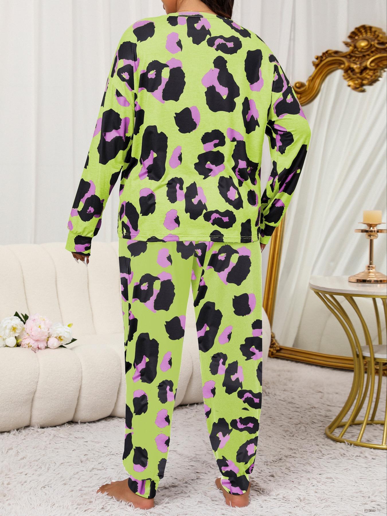 2 Piece Set Plus Size Leopard Print Pyjama Set, Casual Long Sleeves Drop Shoulder Tee & Plain Pants Set for Women, Women's Sleepwear for Spring & Fall,  Pyjamas for Women, Pajama Set