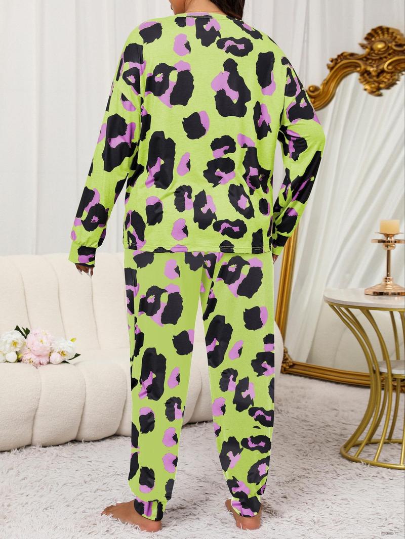 2 Piece Set Plus Size Leopard Print Pyjama Set, Casual Long Sleeves Drop Shoulder Tee & Plain Pants Set for Women, Women's Sleepwear for Spring & Fall,  Pyjamas for Women, Pajama Set