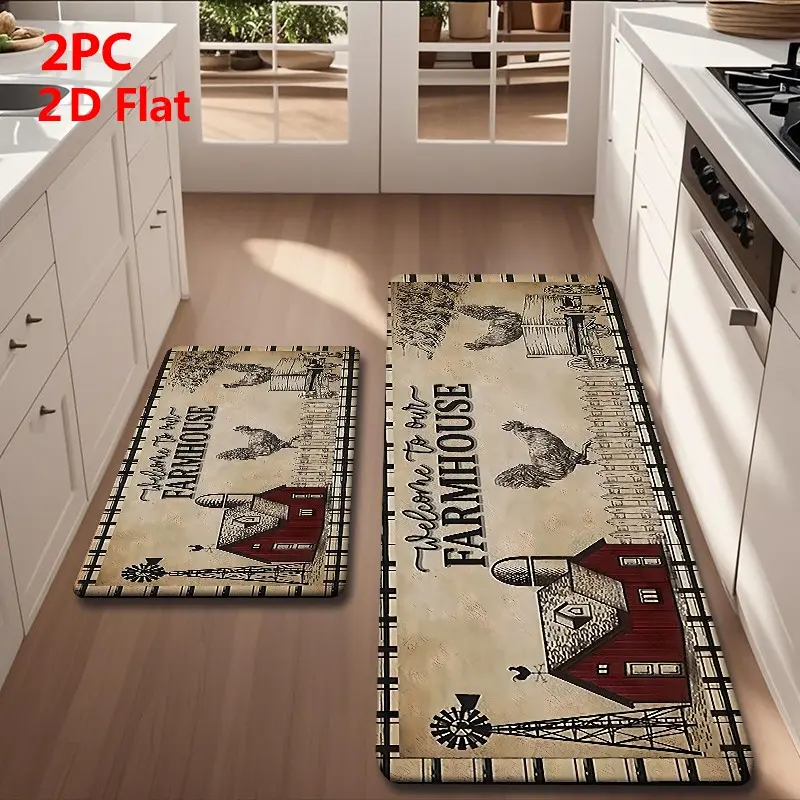2/3 Piece Flannel Kitchen Mat Set, Vintage Farm Theme, Non-Slip, Absorbent, Ideal for Kitchen, Bathroom, Laundry Room, Hallway