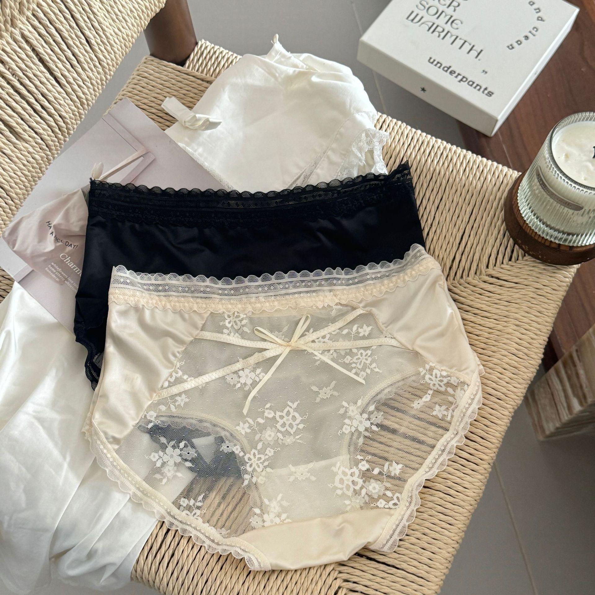 French Style Pure Desire Transparent Girl Mid-Waist Bow Lace Silk Cotton Crotch Panties Women Thin Summer