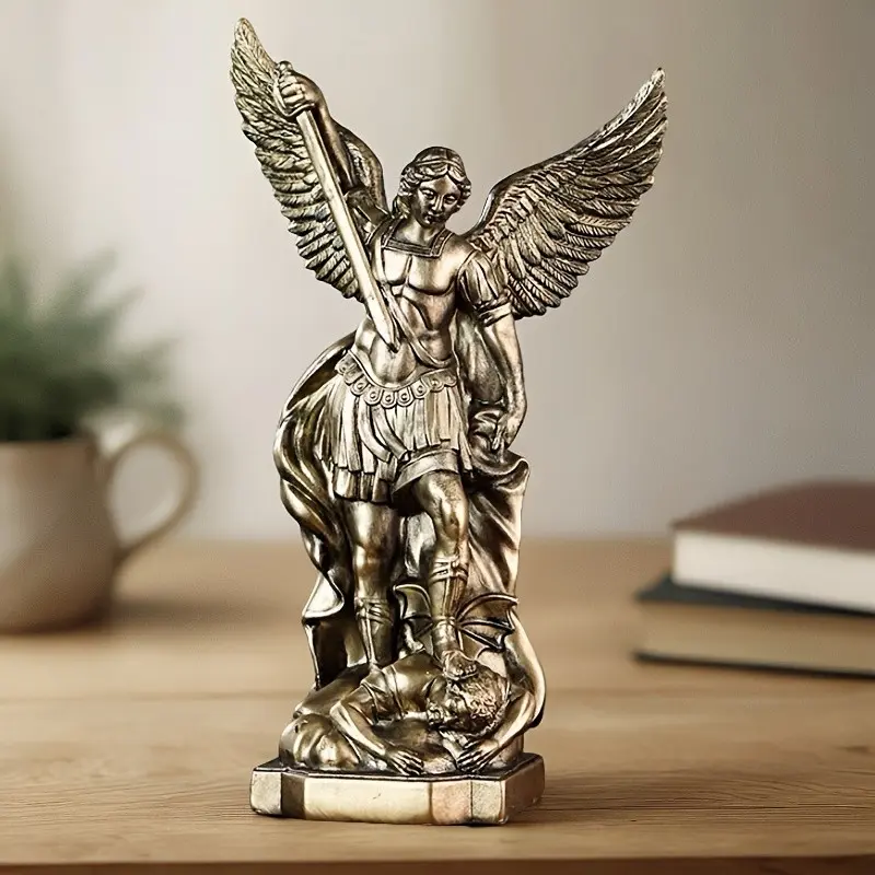 Classic Saint Michael Angel Statue, Handmade Resin Religious Ornament, Elegant Wings and Spear Design, Thanksgiving & Christmas Decor, Mythical Artwork