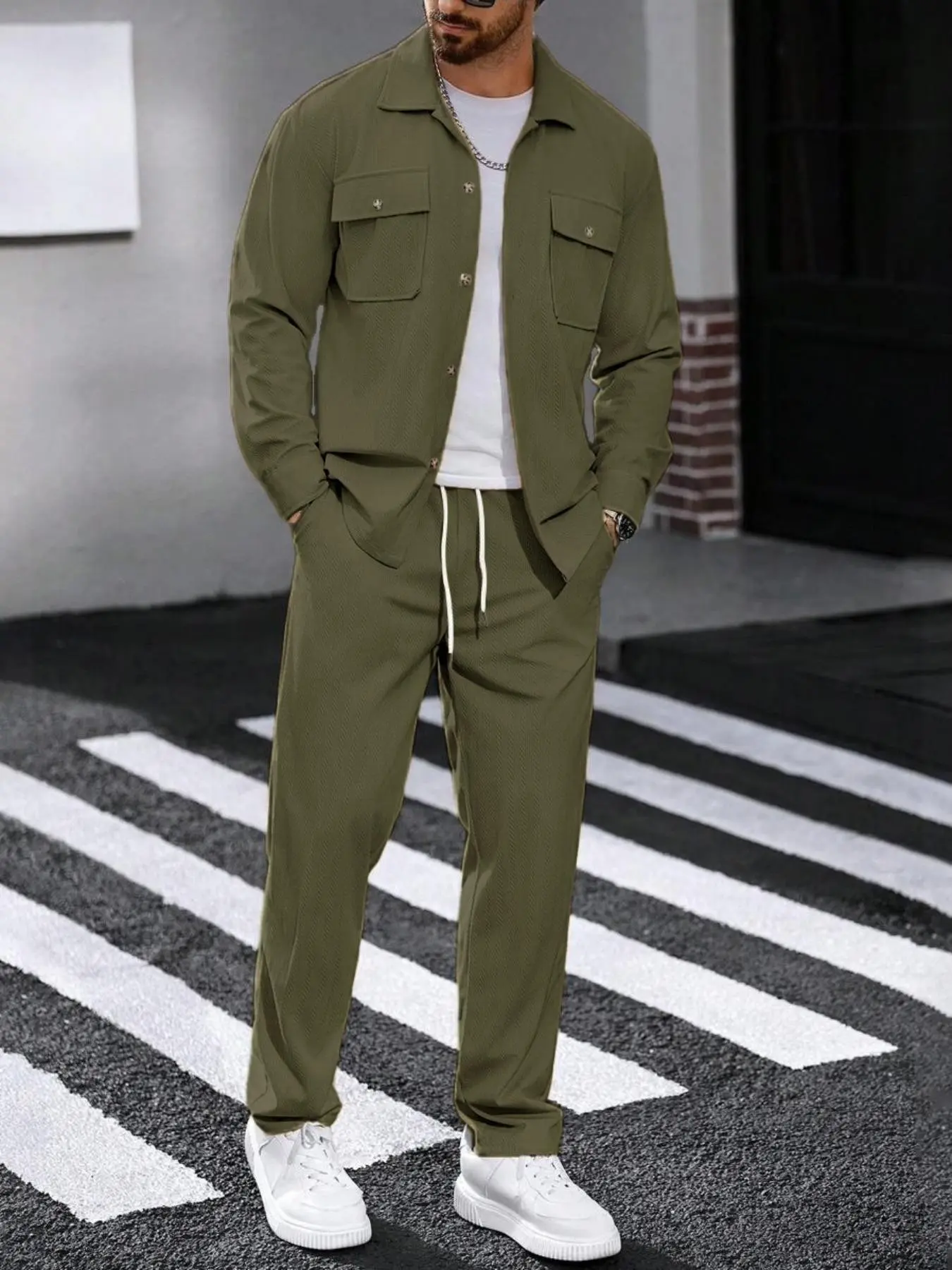 Men's Textured Lapel Workwear Long Sleeve Set with Pockets, Lightweight Casual Commuter Two-Piece, Soft Breathable Fabric, Adjustable Waist Pants