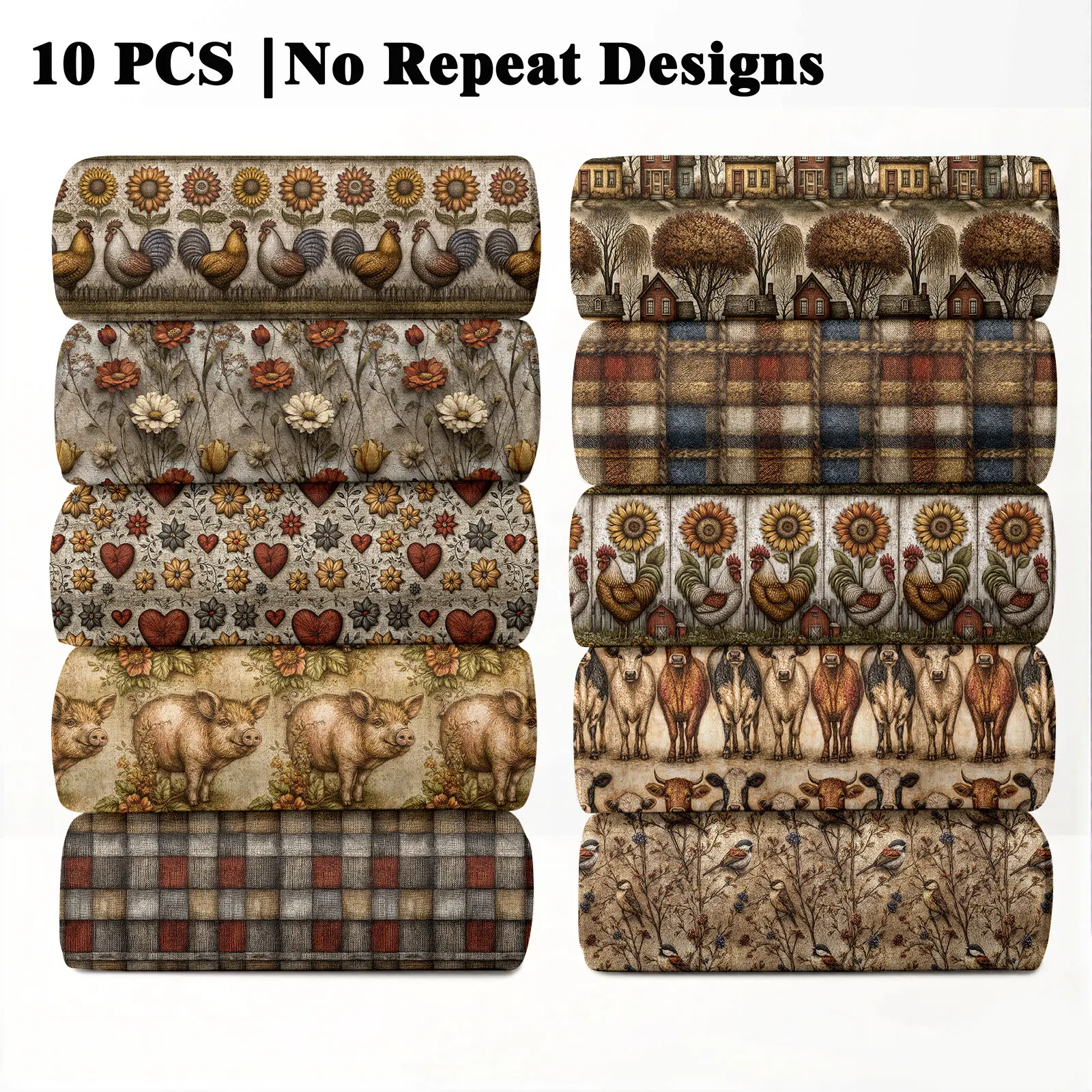10PCS Primitive Folk Art Vintage Print Fabric, 23x55cm (9x22in) Classic Primitive Art Pattern Quilting Home Decor DIY