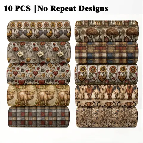 10PCS Primitive Folk Art Print Weave Fabric, 23x55cm (9x22in) Classic Primitive Art Pattern Quilting Home Decor DIY