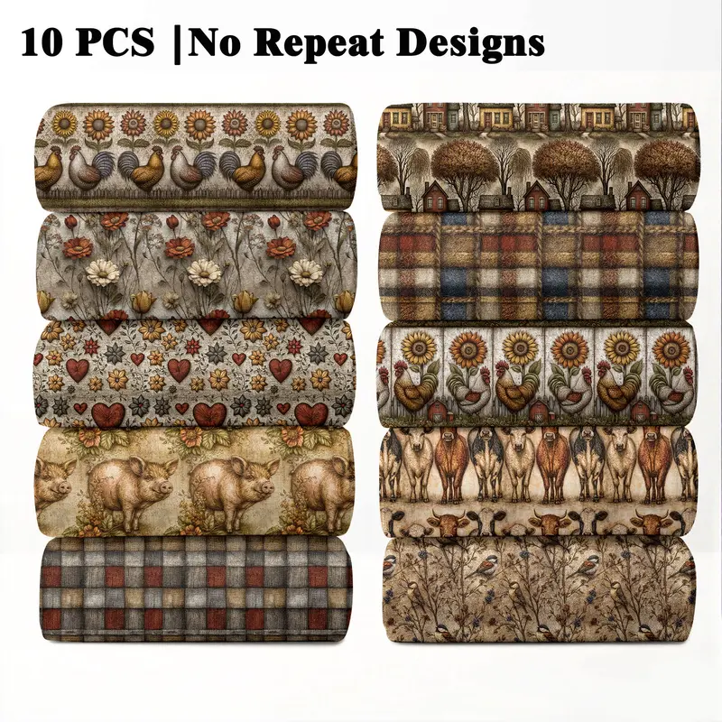10PCS Primitive Folk Art Print Weave Fabric, 23x55cm (9x22in) Classic Primitive Art Pattern Quilting Home Decor DIY