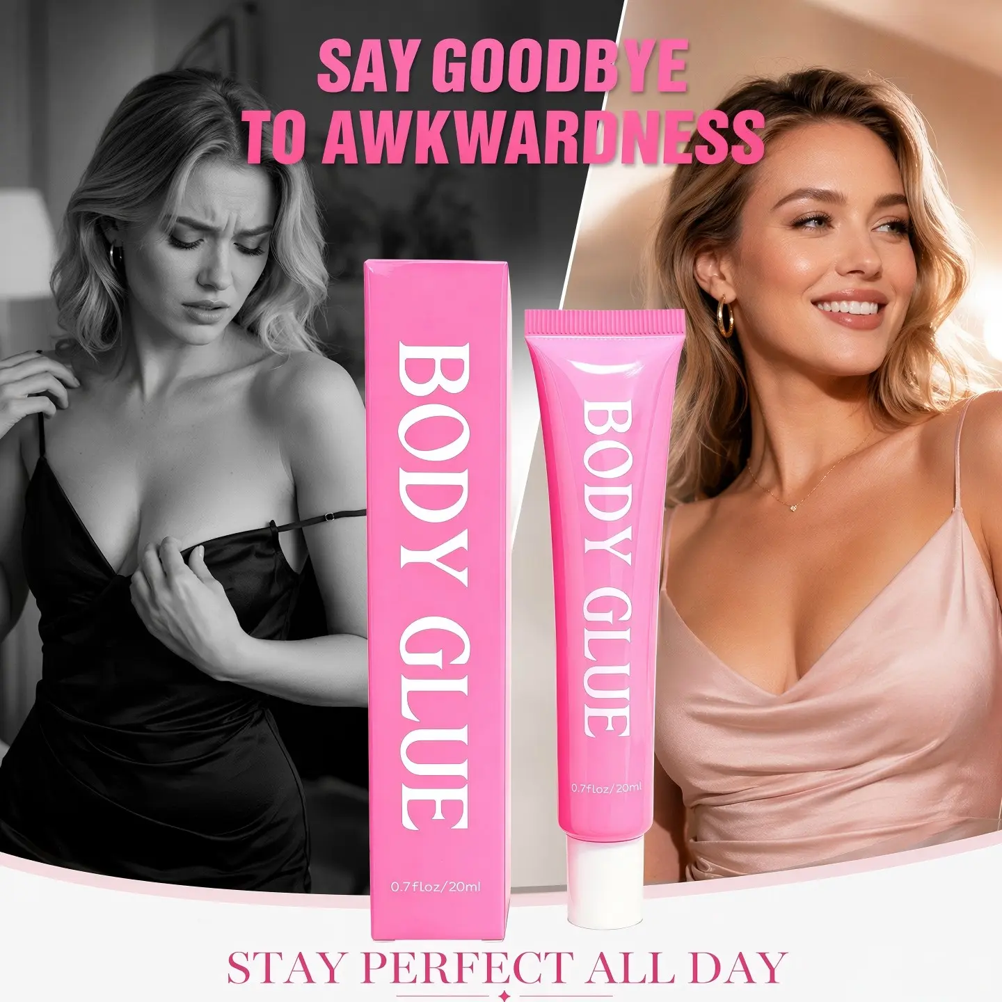 Body Glue, Sweat-Proof and Waterproof, Leaves No Marks, Perfect for All Clothing, Boosts Confidence and Security, Easy Removal with Soap and Water, Makeup