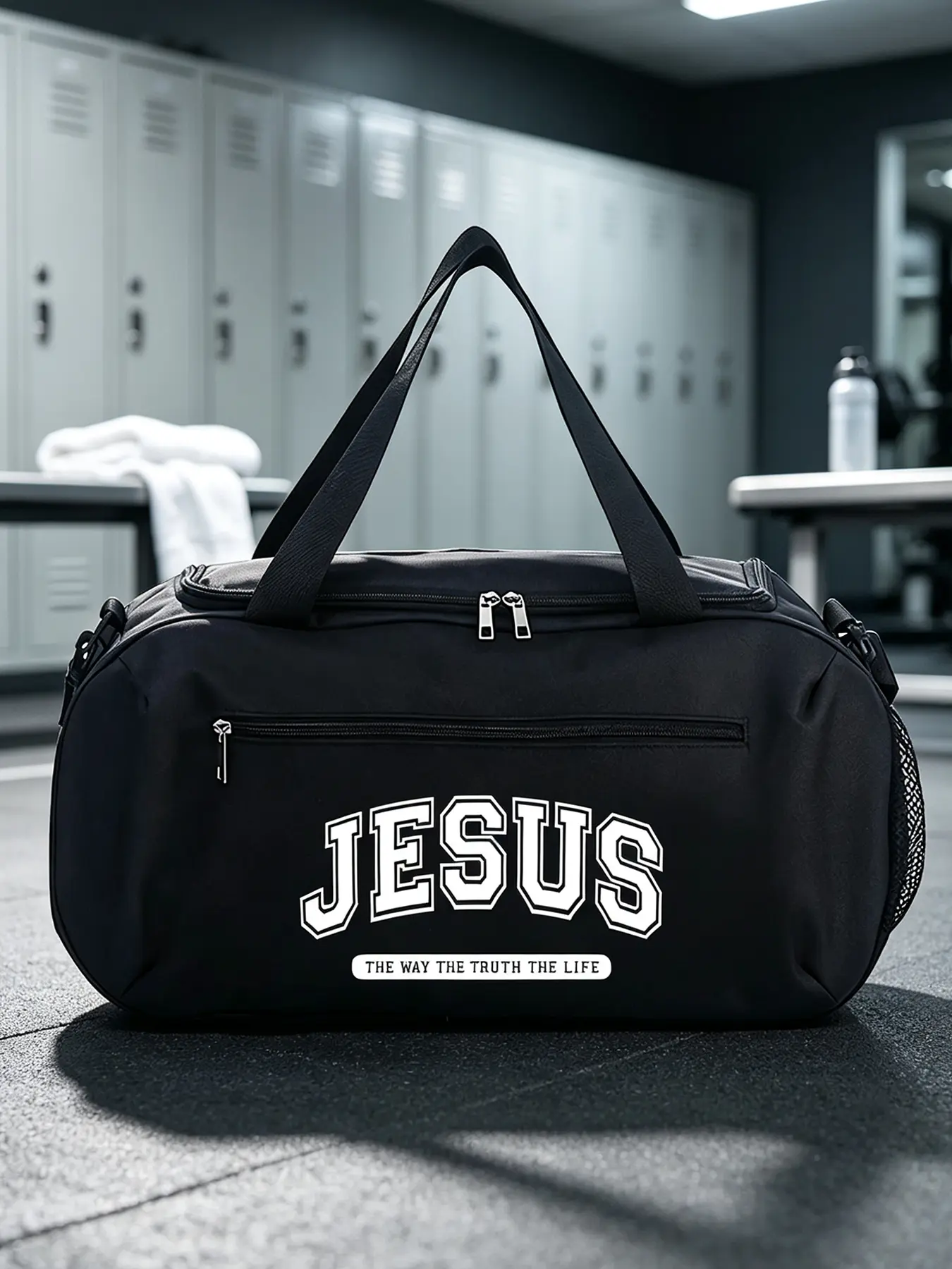 Sports bag with JESUS themed print, large capacity, lightweight, dual-purpose for shoulder and crossbody wear, great for gym workouts and travel.