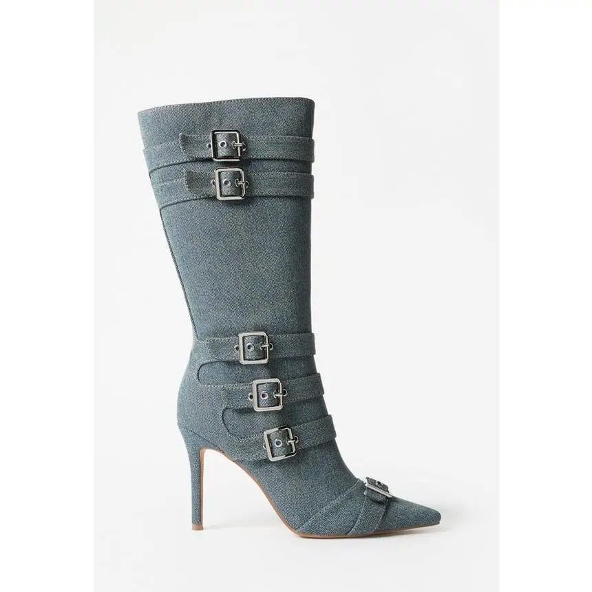 JUST FAB Women's Light Wash Denim Multi Metal Buckle Knee High Boots 3.74 Inch Slim Stiletto Pointed Toe Western Moto Tall Heel Boots Stylish Trendy Unique and Stylish ,Women's Shoe