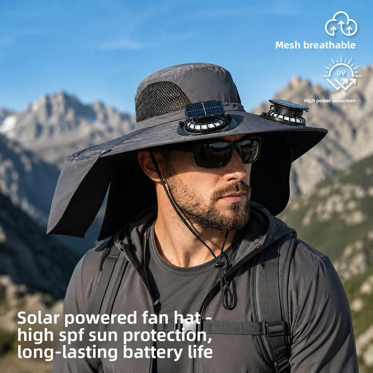 Solar Powered Fan Sun Hat Extra Large Brim For Fishing Hiking