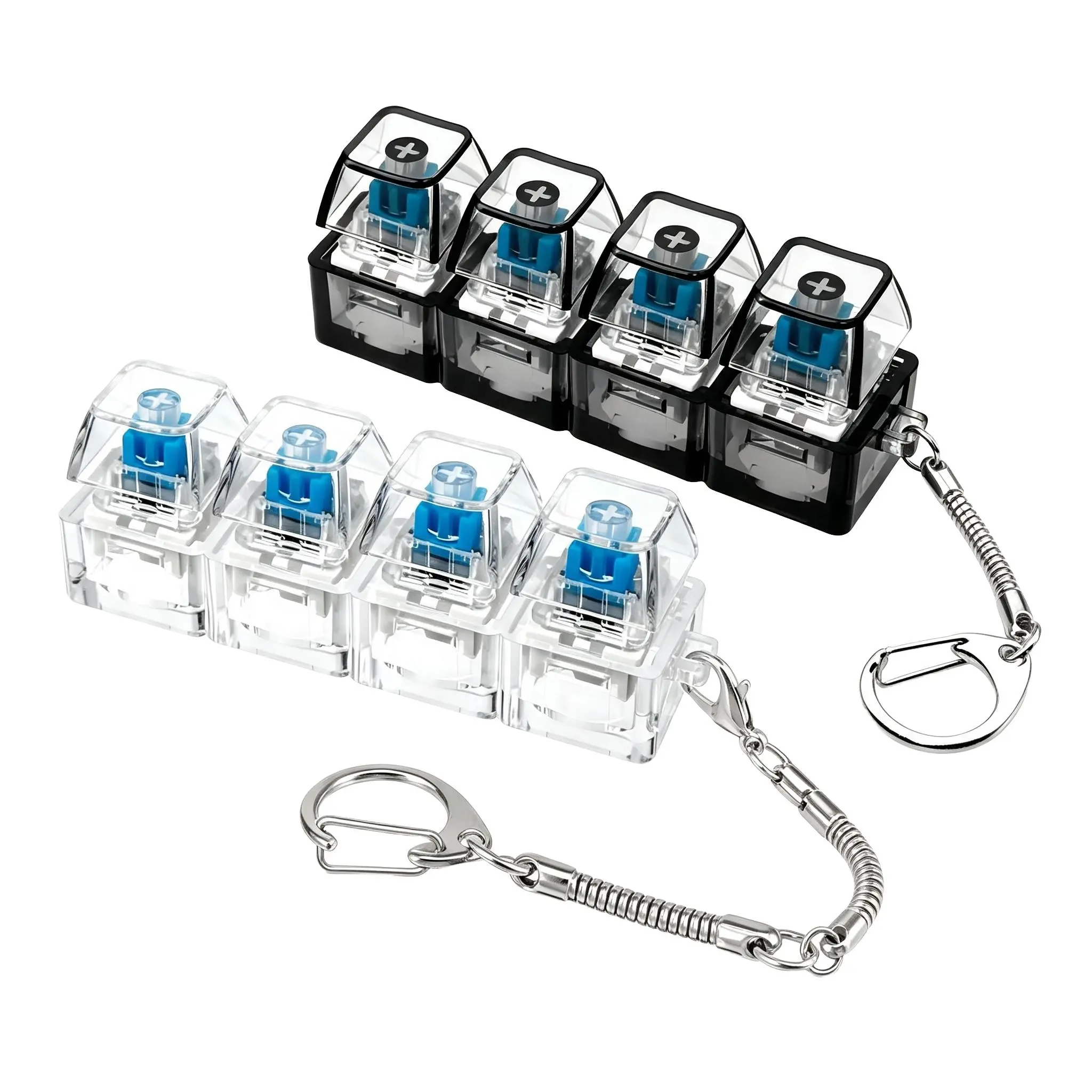 Dual-Color 2pcs Clickable Mechanical Key Ring, and Clear Mini 4 Buttons Keychain Pendant, Portable Hand Press Accessory for Bag Key Decoration